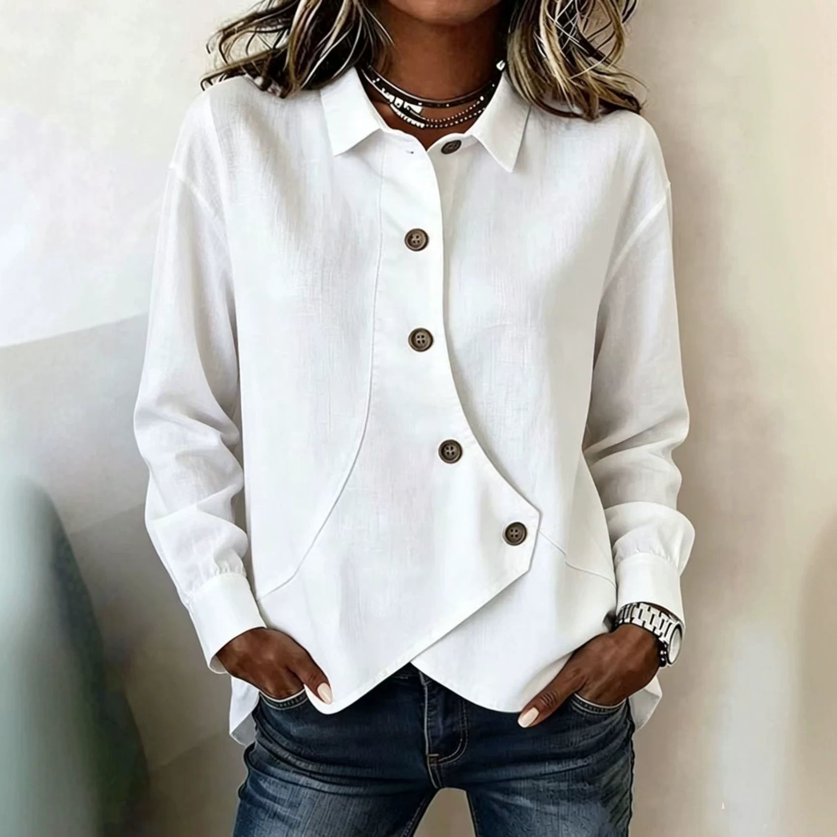 Womens Casual Solid-Color Asymmetrical Long-Sleeve Shirt European And American Style