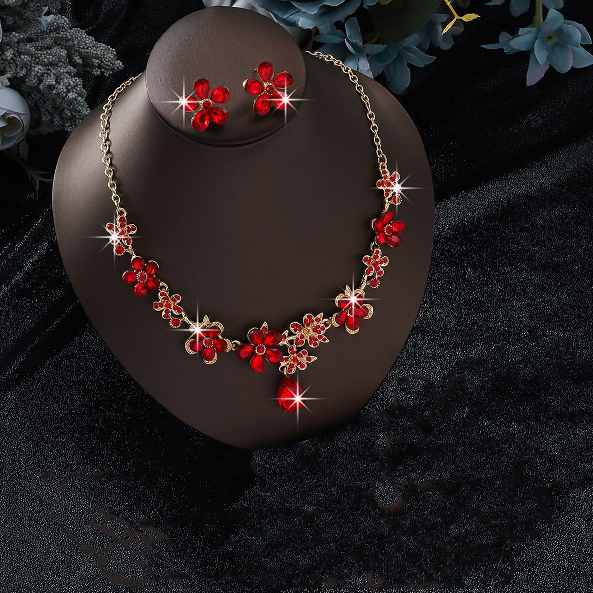 New European & American Alloy Flower Jewelry 2Pcs Set, Luxurious Elegant Cubic Zirconia Necklace & Drop Earrings, Bridal Wedding Banquet Formal Accessories For Women