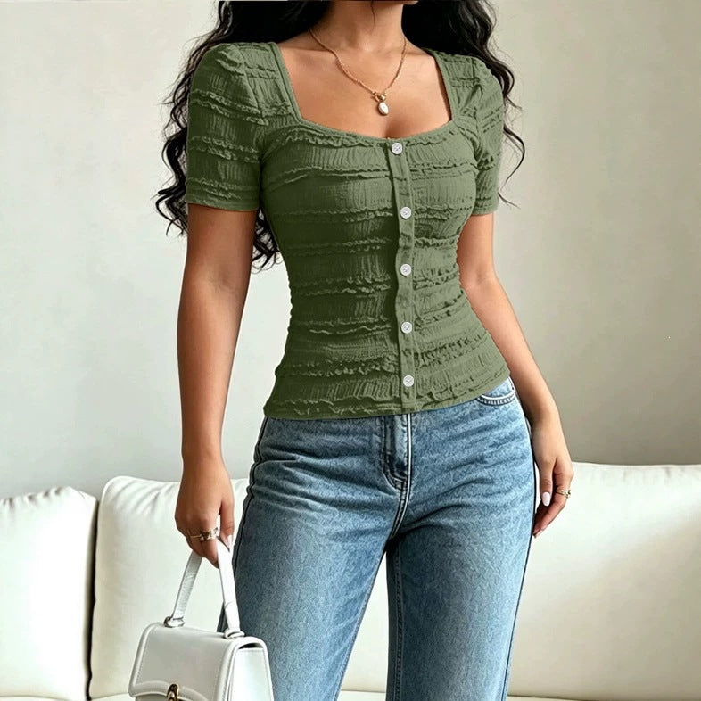 Casual Solid-color Buttoned Square-neck Short-sleeve T-shirt