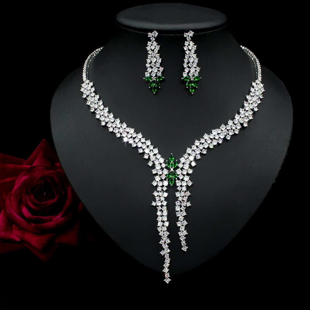 Silver plated Needle Fashion Exaggerated Inlaid Zircon Earrings And Necklace Set