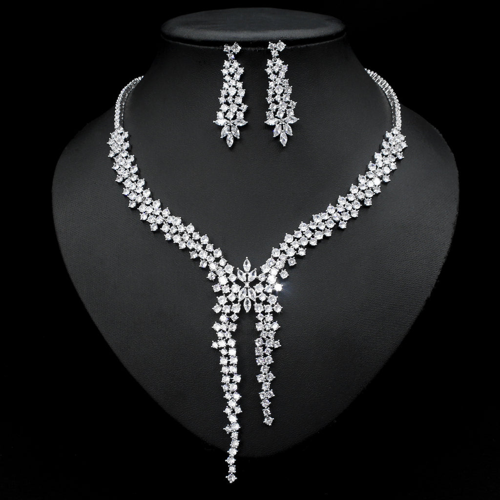 Silver plated Needle Fashion Exaggerated Inlaid Zircon Earrings And Necklace Set