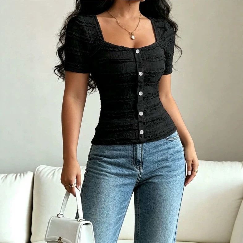Casual Solid-color Buttoned Square-neck Short-sleeve T-shirt