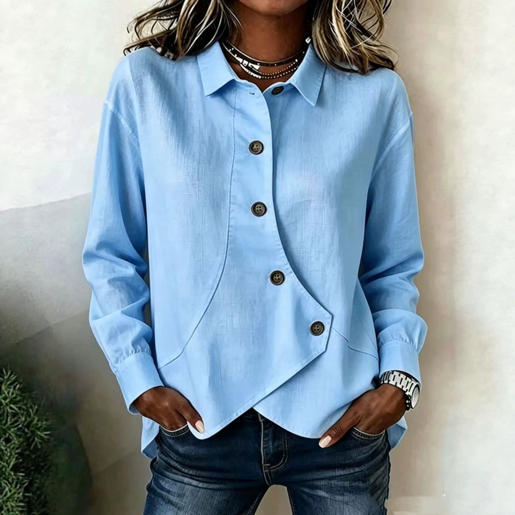 Womens Casual Solid-Color Asymmetrical Long-Sleeve Shirt European And American Style