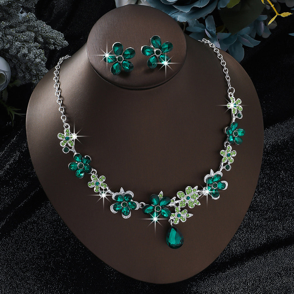 New European & American Alloy Flower Jewelry 2Pcs Set, Luxurious Elegant Cubic Zirconia Necklace & Drop Earrings, Bridal Wedding Banquet Formal Accessories For Women