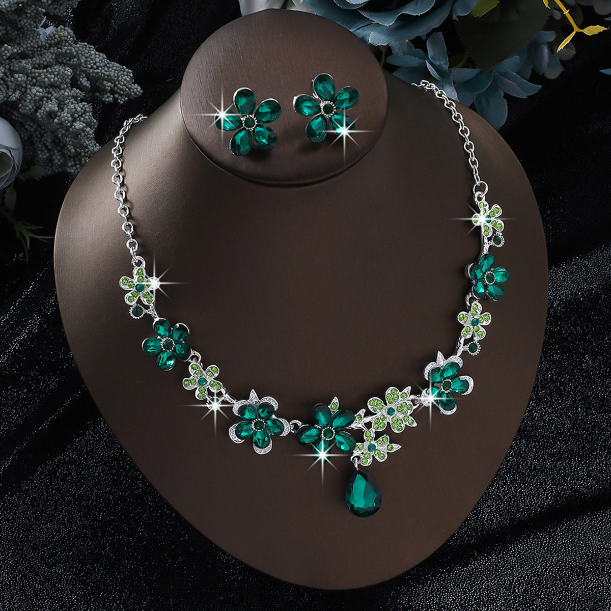 New European & American Alloy Flower Jewelry 2Pcs Set, Luxurious Elegant Cubic Zirconia Necklace & Drop Earrings, Bridal Wedding Banquet Formal Accessories For Women